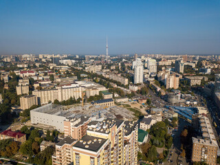 Fototapeta premium Houses in the business area of Kiev. Summer sunny day. Aerial drone view.