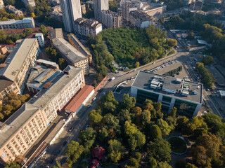 Houses in the business area of Kiev. Summer sunny day. Aerial drone view.