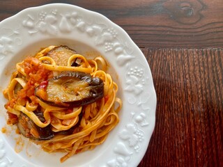 homemade tomato pasta with eggplant
