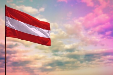 Fluttering Austria flag mockup with the space for your content on colorful cloudy sky background.