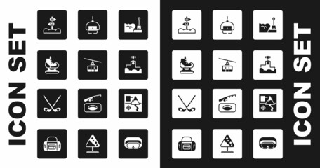 Set Shovel in snowdrift, Cable car, Skates, Road traffic signpost, Award winner podium, Ski lift, Folded map and Ice hockey sticks icon. Vector