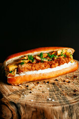 hotdog on a wooden board