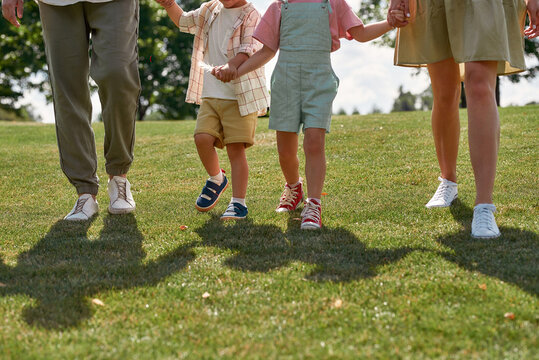 Cropped shot of legs of happy young family with two little kids holding hands, walking together in green summer park