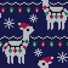 Cute llama in red Santa Claus hat, jacquard knitted seamless pattern. Christmas background. Vector illustration. © olgdesigner