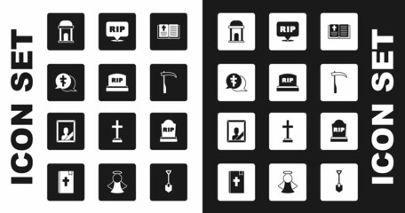 Set Holy bible book, Tombstone with RIP written, Grave cross, Old crypt, Scythe, Speech bubble rip death, and Mourning photo frame icon. Vector