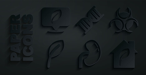 Set Human kidney, Biohazard symbol, Leaf or leaves, Eco friendly house, DNA and Location with leaf icon. Vector