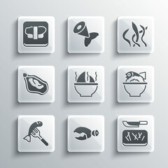 Set Lobster or crab claw, Cutting board and knife, Served fish on bowl, Shark fin soup, plate, Mussel, Sushi cutting and Seaweed icon. Vector