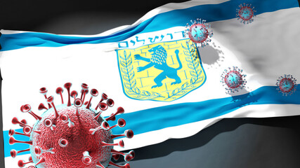 Covid in Jerusalem - coronavirus attacking a city flag of Jerusalem as a symbol of a fight and struggle with the virus pandemic in this city, 3d illustration