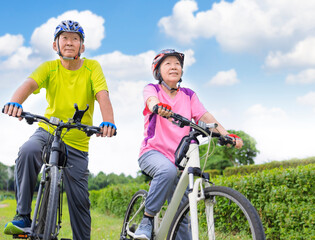 Obraz premium Happy senior couple exercising with bicycles
