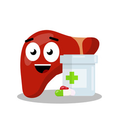 Healthy liver and pills. Packing medications for treatment of internal organs. Mascot pharmacies and hospitals. Prevention of hepatitis. Cartoon flat illustration