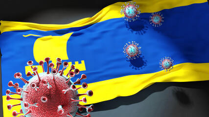 Covid in IJlst - coronavirus attacking a city flag of IJlst as a symbol of a fight and struggle with the virus pandemic in this city, 3d illustration
