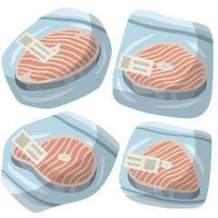 Seafood and meat in package. Cartoon flat illustration. Supermarket product. Cold object