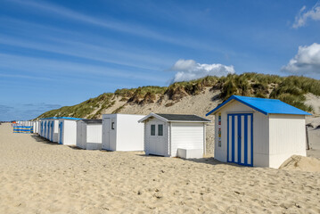 Fototapeta na wymiar Texel, Netherlands. August 2021. The beach houses on the beach of the Wadden Island of Texel.