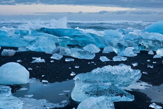 Blue ice on the shore at Jokulsarlon, Iceland