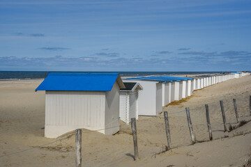 Texel, Netherlands. August 2021. The beach houses on the beach of the Wadden Island of Texel.