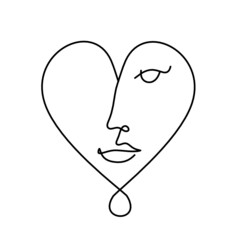 Woman silhouette face in shape heart as line drawing picture on white. Vector