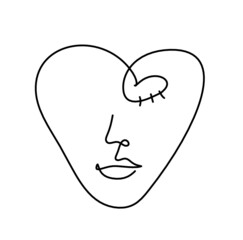 Woman silhouette face in shape heart as line drawing picture on white. Vector