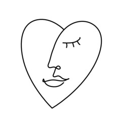 Woman silhouette face in shape heart as line drawing picture on white. Vector