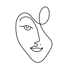 Woman silhouette face in shape heart as line drawing picture on white. Vector