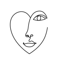 Woman silhouette face in shape heart as line drawing picture on white. Vector