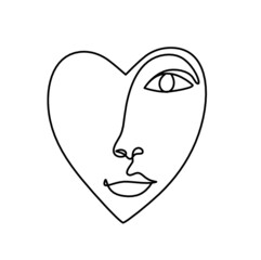 Obraz premium Woman silhouette face in shape heart as line drawing picture on white. Vector