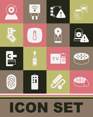 Set Water sensor, Ringing alarm bell, House under protection, Thermostat, Digital door lock, Web camera and Smart coffee machine icon. Vector