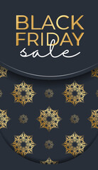 Festive banner black friday dark blue with abstract gold pattern