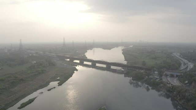 An aerial shot of the Loha Pul during Covid-19 Lockdown at New Delhi,India
