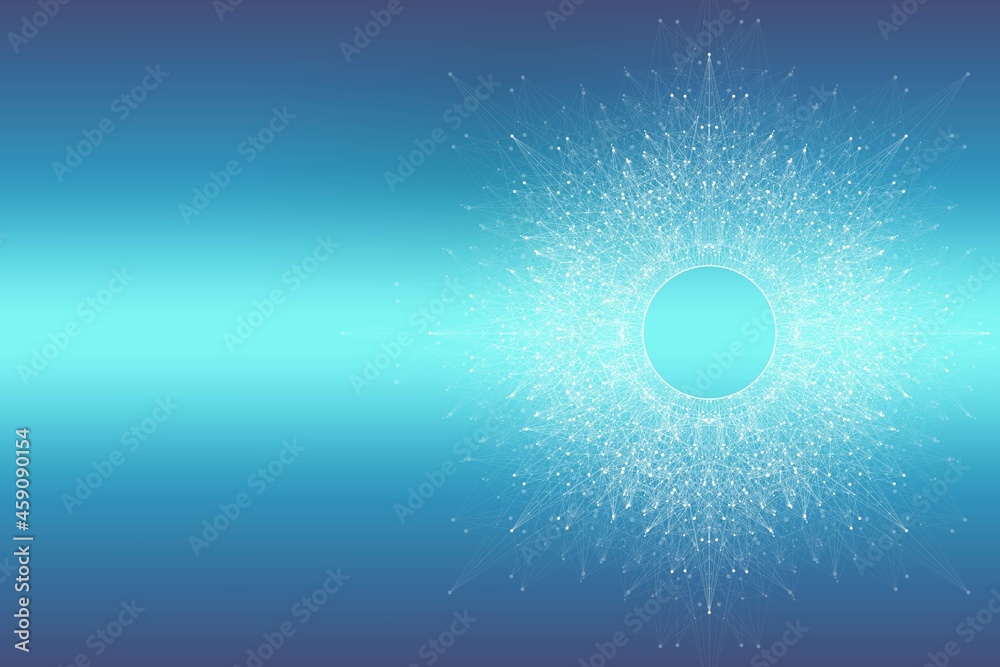 Poster Quantum computer technology concept. Deep learning artificial intelligence. Big data algorithms visualization for business, science, technology. Waves flow, illustration.