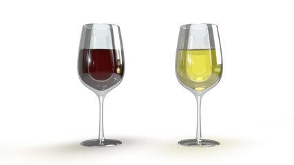 Two glass of wine red and white isolated on white background, 3D rendering