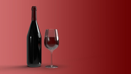 A bottle and glass of red wine on a dark red background, 3D rendering