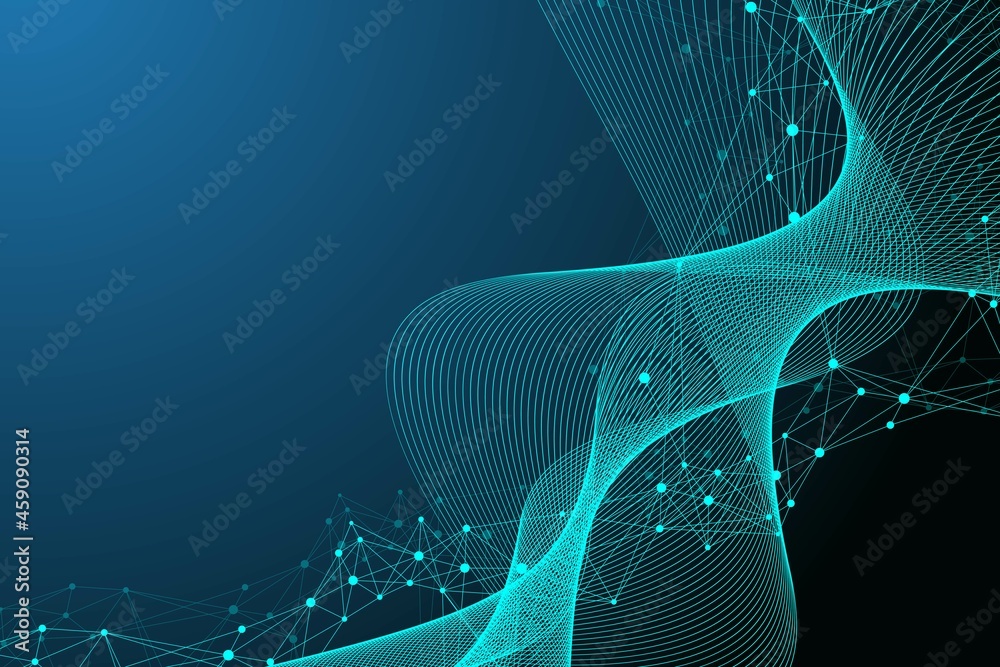 Poster Expansion of life. Colorful explosion background with connected line and dots, wave flow. Visualization Quantum technology. Abstract graphic background explosion, motion burst illustration.