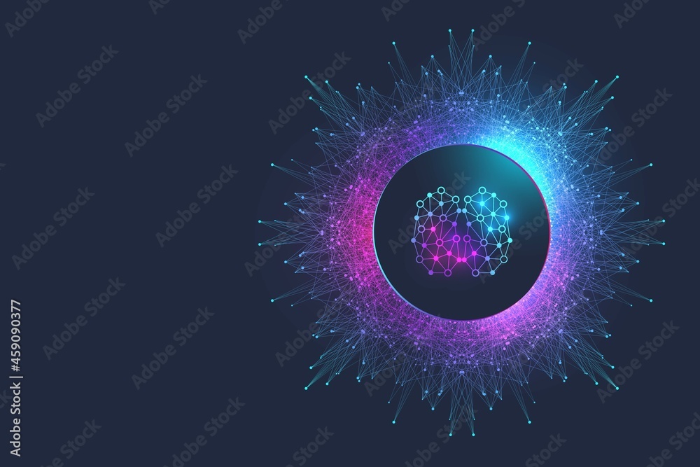 Poster Futuristic Artificial Intelligence and Machine Learning Concept. Human Big Data Visualization. Wave Flow Communication, Scientific illustration.