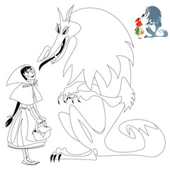 Little Red Riding Hood and Big Bad Wolf. European folk tale. Coloring page.