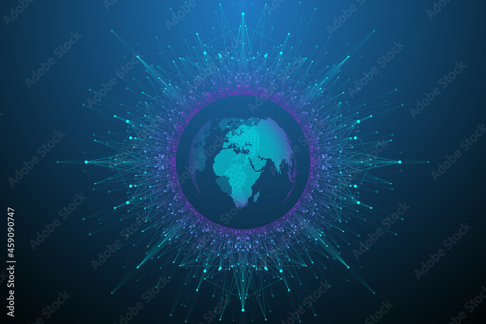 Poster Big data visualization. Geometric abstract background visual information complexity. Futuristic infographics design. Technology background with connected line and dots, wave flow illustration