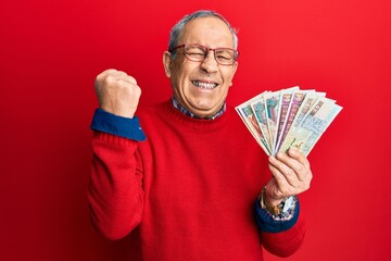 Handsome senior man with grey hair holding egyptian pounds banknotes screaming proud, celebrating...