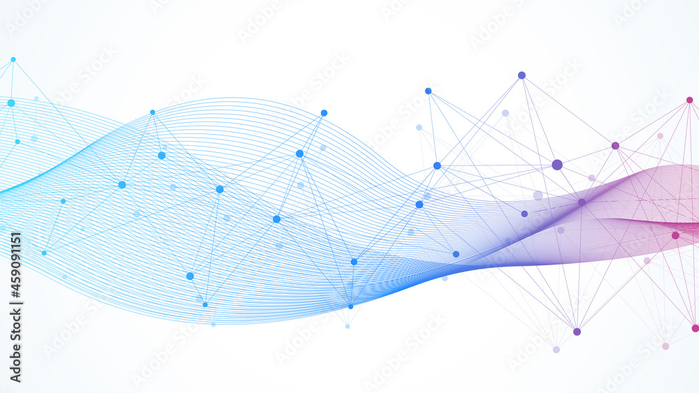 Poster expansion of life. colorful explosion background with connected line and dots, wave flow. visualizat
