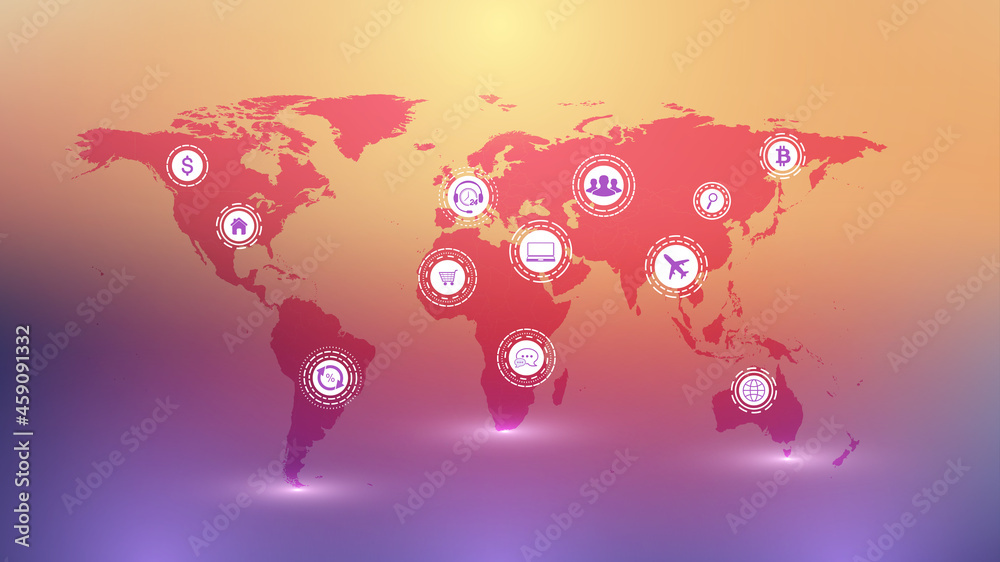 Aufkleber World map point with global technology networking concept. Digital data visualization. Lines plexus. Big Data background communication. Scientific illustration.