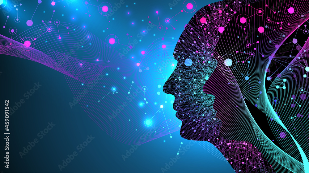 Poster Artificial intelligence with Digital Brain, Neural Networks and Learning Processing Big Data, Machine Learning concept. Binary data flow on blue background, illustration