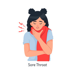 Sore Throat. A girl in a warm scarf is holding a sore throat. The woman is ill. Colds, viral diseases, angina, coronavirus. Isolated vector illustration on a white background