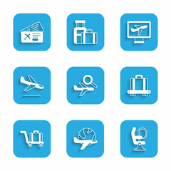 Set Airplane search, Globe with flying, seat, Conveyor belt suitcase, Trolley baggage, Plane landing, and Airline ticket icon. Vector