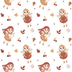 Seamless cute vector magical fairy-tale pattern with tooth fairy, fabulous fairies characters, autumn leaves, berries, branches, plants, bubble, wings, stars, moon