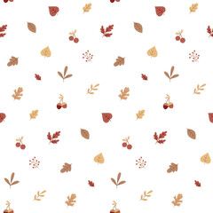 Seamless cute vector floral autumn pattern with leaves, berries, acorns, stars, bubbles