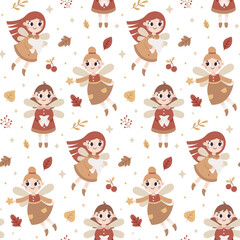Seamless cute vector magical fairy-tale pattern with tooth fairy, fabulous fairies characters, autumn leaves, berries, branches, plants, bubble, wings, stars, moon
