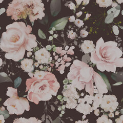 motif floral harmonieux d& 39 aquarelle avec jardin rose, fleurs roses, feuilles, branches. Tuile botanique, arrière-plan.