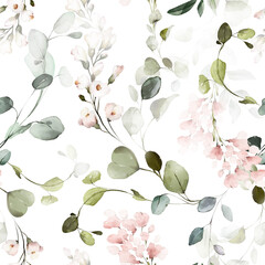 Materiał do szycia seamless floral watercolor pattern with garden pink flowers, leaves, branches. Botanic tile, background.