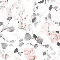seamless floral watercolor pattern with garden pink, yellow flowers, leaves, branches. Botanic tile, background.