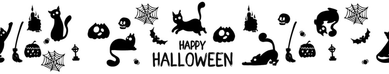 seamless black and white text banner, leaderboard, lead stand for website. Happy Halloween 2022 greetings with cute cats, bats and cobwebs. For festive decoration, prints, packaging, postcards, 