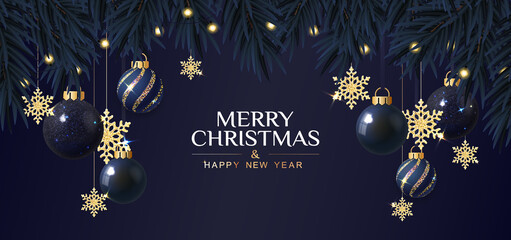 Fototapeta na wymiar Merry Christmas dark blue banner with golden snowflakes. Christmas card. Vector Illustration.