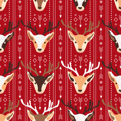 Vector illustration of festive Christmas theme pattern with heads of reindeers and ornaments on red background